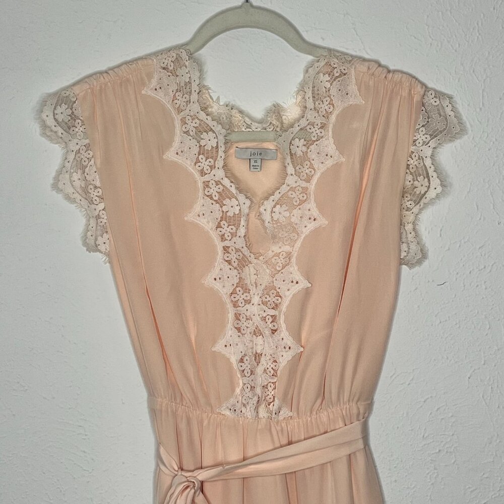Women's JOIE Magdelen 100% Silk Peach Cream Lace Baby Pink Midi Dress Size XS - Picture 3 of 9